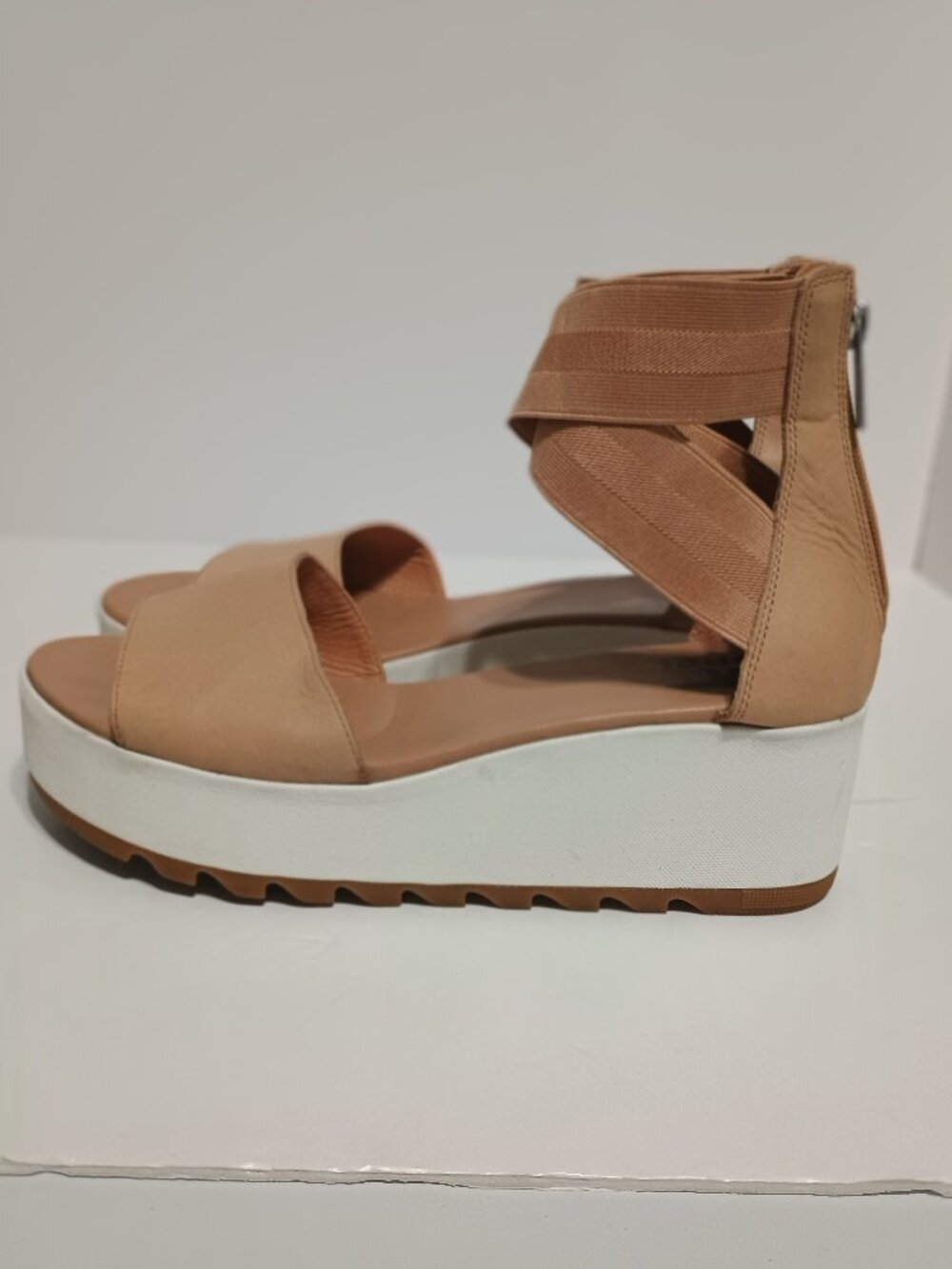 Sorel Cameron Platform Wedge Sandals Women's Tan Leather Criss Cross Elastic - Picture 4 of 7